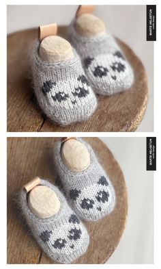 two pictures of slippers with faces and eyes on them, one in grey and the other in white