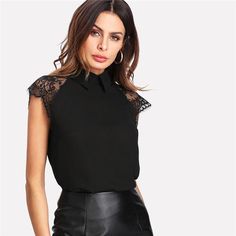 This black chic top is simply perfect! Featuring a Peter Pan collar with lace capped sleeves; this top pairs perfectly with pants, leggings, jeans, skirts or shorts. This tops works in and out of the office, to take your look from day-to-night. Made with a polyester blend for comfort and style. Contrast Lace Top, Lace Sleeve Blouse, Cap Sleeve Blouse, Streetwear Girl, Peter Pan Collar Blouse, Lace Sleeve Top, Sleeveless Tops Summer, Cap Sleeves Blouse, Mode Boho