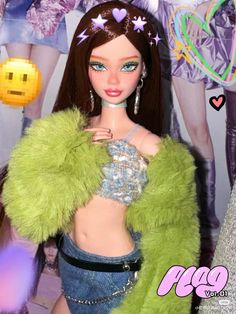 a close up of a barbie doll wearing a green jacket