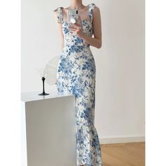 Lasaky - Sleeveless Floral Maxi Dress with Elegant Blue and White Porcelain Pattern Blue And White Porcelain Pattern, Porcelain Pattern, Blue And White Porcelain, Sling Dress, Summer Blue, Blue Outfit, Romantic Style, White Sand, Ruffle Skirt