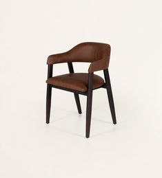 a wooden chair with brown leather upholstered seat and back, viewed from the front