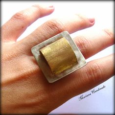 Square Ring, Statement Ring, Bronze Ring, Brass Ring, Silver and Gold Ring, 18K Gold Plated Handmade Modern Wide Band Ring, Big Cocktail, Silver And Gold Ring, Two Tone Ring, Square Ring, Bronze Ring, Contemporary Ring, Greek Jewelry, Geometric Ring