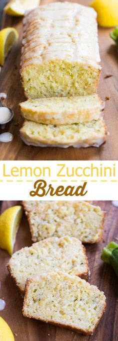 lemon zucchini bread is sliced and sitting on a cutting board