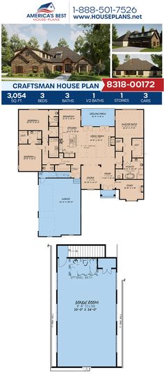 two story house plan with 3 car garages and an open floor plan for this home