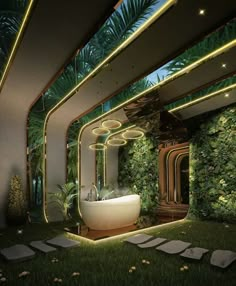 a bathtub in the middle of a lush green room