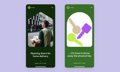 two green cards with the words opening doors for home delivery and an image of a key