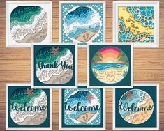 six greeting cards with the words, welcome and beach scenes in different colors on them