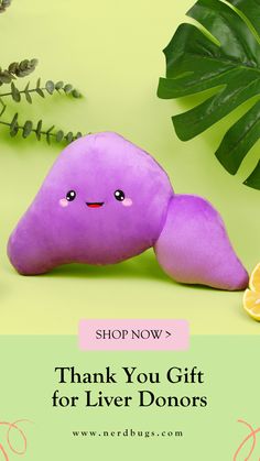 a purple stuffed animal sitting on top of a green table next to a lemon slice