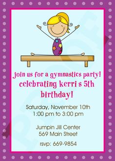 birthday party gymnastics invitations printable invitation gymnastic gym invite drevio templates updated template gymnast split fun birthdaybuzz will choose board Gymnastics Birthday Invitations Free, Birthday Gymnastics, Gymnastics Birthday Party Invitations, Gymnastics Party Invitations, Birthday Invitation Text, Gymnastic Party, Gymnastics Invitations, Gymnastics Birthday Invitations, Gym Party