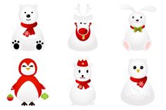 the snowmen are wearing hats and scarves with animals on their heads in different poses