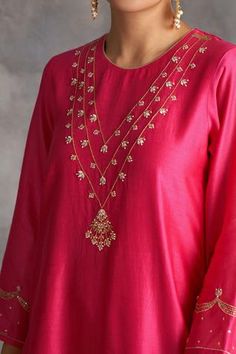 Shop for Anantaa by Roohi Pink Silk Chanderi Kurta for Women Online at Aza Fashions Silk Embroidery Dress, Kurta For Women, Embroidery On Kurtis, Kurti Embroidery Design, Kurta Neck Design, Dress Neck Designs, Dress Design Patterns, Kurti Neck Designs, Kurta Designs Women