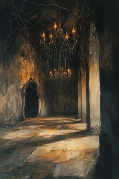 a painting of a dark room with chandeliers hanging from it's ceiling