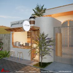 an artist's rendering of a small restaurant with plants in the front and outside