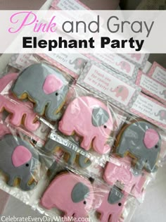 pink and gray elephant party cookies in plastic bags