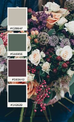 the color scheme for an autumn bouquet with white roses, purple and red flowers in it