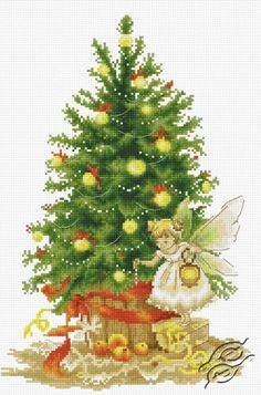 a cross stitch christmas tree with an angel sitting next to it and presents under it