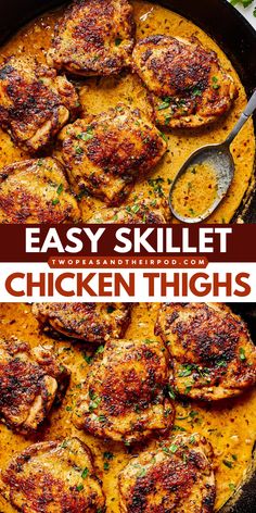 Here's an easy dinner recipe for the weeknight! These Skillet Chicken Thighs with a simple garlic cream sauce are the perfect chicken dinner and take less than 30 minutes to make. Pin this family weeknight dinner idea! Cast Iron Chicken Thigh Recipes, Skillet Chicken Thigh Recipes, Chicken Leg Quarter Recipes, Electric Skillet Recipes