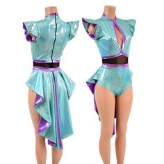 "This sparkling seafoam romper has flip sleeves, a keyhole neckline, a mesh waistband, siren cut legs, and a tuxedo tail back. The sparkling seafoam holographic is set off by Plumeria dual chrome holographic trim, and the black mesh waistband really makes it pop! Black back zipper. This item is made to order. Ships out within 5 days of purchase. Womens Sizing (See below for instructions on where measurements should be taken) XXS: Bust 29\"-30\" / Waist 22\"-23\" / Hips 30\"-32\" Extra Small: Bus Fitted Ruffle Bodysuit With Short Sleeves, Fitted Short Sleeve Bodysuit With Ruffles, Tuxedo With Tails, Romper Black, Keyhole Neckline, Black Back, Drawing Clothes, Mode Inspo, Black Romper