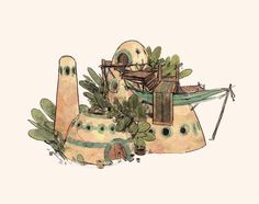 a drawing of a house with plants growing out of it's roof and walls