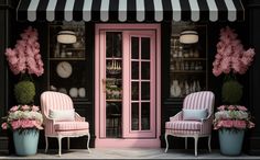 two pink chairs sitting in front of a store with flowers on the floor and an awning