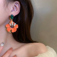 Orange Enamel Flowers Drop Earrings For Women Girls Green Crystal Dangle Earrings Party Jewelry Ancient Costume, Korean Earrings, Crystal Dangle Earrings, Crystal Shapes, Green Gems, Trendy Earrings, Green Crystal, Enamel Flower, Party Jewelry