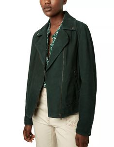 Women's Biker Suede Leather Jacket In Royal Green Unleash your inner rebel with our women's biker suede leather jacket in striking royal green. This moto suede jacket, crafted from premium goatskin with a luxurious suede finish, exudes sophistication and edge. It features a turn-down collar, zipper closure, and cuffs, accented with shoulder straps for a distinctive look. The viscose lining provides comfort, while two side zip pockets add functionality to this bold statement piece. Outer Shell: Genuine Leather Leather Type: Goatskin Leather Finish: Suede Inner Shell: Viscose Lining Feature: Shoulder Straps Closure Style: Zipper Collar Style: Turn Down Cuffs Style: Zipper Inside Pockets: One Outside Pockets: Two Side Zip Pocket Color: Royal Green Leather Shorts Women, Leather Jumpsuit, Royal Green, Suede Leather Jacket, Gerard Darel, Shearling Vest, Studded Jacket, Distressed Jacket, Suede Coat