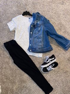 Jean jacket, Plain white Tee, Black Leggings, Black Vans Black White Vans Outfit, Black Jeans White Shirt Denim Jacket, High Top Vans With Leggings, White Vans Leggings, Black Vans Outfit Women, Black And White Vans Outfit, Black Leggings Denim Jacket, Black Crew Neck Vans Top, Vans Outfit Womens