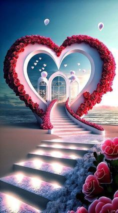 a heart - shaped staircase leading to the ocean with roses growing out of it and floating in the air