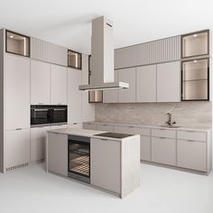 a modern kitchen with an oven, sink and stove top oven in the center of the room