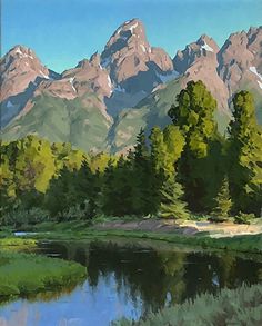 a painting of mountains and trees reflected in the water