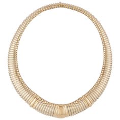 Vintage Cartier tubogas style necklace in 18K yellow gold and stainless steel. Marked "Cartier 750 597422". This necklace measures 18 1/2 inches in length and is slightly graduated. It measures 7/8 inches wide at the widest point, front and center. Circa 1980. Cartier Necklace, Cartier Jewelry, Steel Necklace, Style Necklace, Cocktail Rings, Vintage Cartier, Cartier, Vintage Jewelry, Gold Bracelet