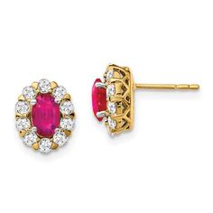 Traditional studs are upgraded by shimmering halo of round diamonds in these 14 karat yellow gold earrings. Oval shaped red rubys and round diamonds set on high polished finish oval design exudes graceful radiance. These July birthstone studs have post back clasps, gemstones weighs 1 cttw and diamonds weighs 0.70 cttw. Size: one size. Gender: female. Age Group: adult. Halo Stud Earrings, Halo Earrings Studs, Yellow Earrings, Ruby Earrings, Ruby Diamond, Yellow Gold Earring, Fine Earrings, Diamond Halo, Fine Jewellery Earrings