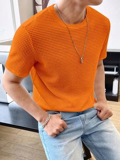 Solid Color Waffle Knit Crew Neck Short Sleeve T-Shirt Burnt Orange Casual  Short Sleeve Knitted Fabric Plain  Slight Stretch  Men Clothing, size features are:Bust: ,Length: ,Sleeve Length: Orange Outfit Male, Mens Orange Outfit, How To Style Orange Shirt, Men Work Outfits, Blue Outfit Men, Oc Outfits, 45th Birthday