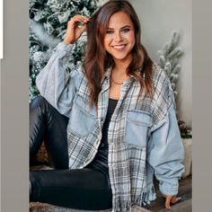 Patchwork Plaid Is In The Air Denim Jacket With Pockets In Front, Cute Fringe Detail At Hem. Cozy Chic For Daily Wear. 79% Cotton, 21% Polyester Color- Faded Light Blue/Plaid M(8/10), L(12/14), Xl(16/18) Oversized Plaid Patchwork Outerwear, Plaid Denim Outerwear With Pockets, Fall Denim Utility Jacket With Long Sleeves, Plaid Denim Long Sleeve Outerwear, Plaid Denim Outerwear With Long Sleeves, Long-sleeved Plaid Denim Outerwear, Fall Patchwork Button-up Denim Jacket, Plaid Denim Outerwear For Fall, Oversized Long Sleeve Denim Jacket For Winter