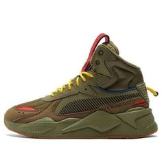 PUMA Rs-x Mid C Militia Wtr 'Green Red Yellow' 385521-01 (SNKR/Unisex/Mid Top/Training/Non-Slip/Shock-absorbing) Red Lace-up High-top Sneakers For Outdoor, Green Sneakers With Red Sole For Sports, Winter Lace-up Sneakers With Red Sole, Green Lace-up Winter Sneakers, Casual Green Sneakers With Red Sole, Green Sporty Sneakers, Green Winter Sports Sneakers, Sporty Green Winter Sneakers, Casual Red High-top Sneakers For Outdoor