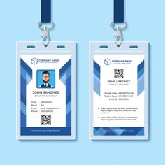 two id cards with lanyards on blue background