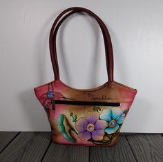 Anuschka Floral Berries Handbag, Hand-Painted, Genuine Leather, New Without Tag. A24 Painted Leather Purse, Hand Painted Leather Bag, Anuschka Handbags, Large Leather Handbags, Heart Shaped Bag, Hobo Crossbody Bag, Hand Painted Leather, Large Handbags, Painting Leather