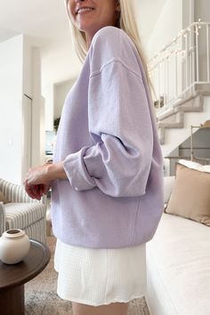 Our effortless Emily Vintage Wash Sweater Top is a must-have closet staple! Featuring an oversized fit, perfect lavender color, ribbed knit fabric, crew neckline, mineral washed color and long sleeves. This cozy top can be worn with anything from lounge sweats to high waisted jeans! Details & Sizing Oversized fit Lavender color Ribbed knit fabric Mineral washed Long sleeves Gabriella is wearing a size S Fabric 100% Cotton Shipping & Returns We offer free ground shipping on USA domestic orders ov Jeans Details, Lavender Sweater, Cozy Tops, Closet Staples, Sock Shop, High Waisted Jeans, Lavender Color, Sweater Set, 21 Days