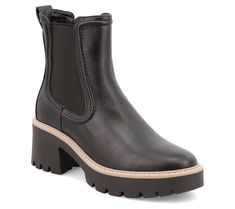 Lug sole love. These on-trend Chelsea boots work a sleek round-toe design and easy-on elastic paneling. From MIA Shoes. Chelsea Boots Work, Lug Sole Chelsea Boots, Vince Camuto Handbags, Chelsea Boot Women, Platform Chelsea Boots, Adaptive Clothing, Mia Shoes, Sneaker Dress Shoes, Chunky Block Heels