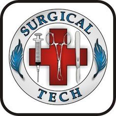 the surgical tech logo is shown in red and white with medical equipment on it's center circle