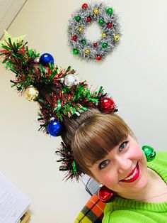 Who Vile Hair, Whoville Dressup Ideas, Wacky Christmas Outfits, Christmas Tree Hair Updo, Hooville Hair Ideas, Funny Christmas Hairstyles, Whoville Christmas Costumes, Ugly Christmas Sweater Makeup, Dress Like A Christmas Tree For School