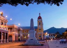 the town square is lit up at night