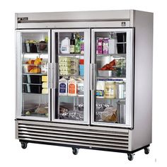 two glass door refrigerators with food and drinks on the doors, one is stainless steel