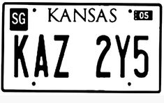 kansas license plate with the word kaz zy5 in black on a white background