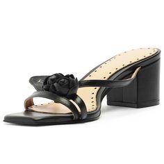 These elegant black mules feature an open square-toe design adorned with floral embellishments. The block heel adds both style and comfort, making them a chic choice for any occasion. Color: Black Heel Type: Block heel Heel Height: 2'' / 50 mm approx Product measurements were taken using size 8. Please note that measurements may vary by size. Toe: Open square toe Floral decor strappy design Handcrafted US sizing. Fits true to size. Spring Evening Mules With Block Heel, Elegant Block Heel Mules For Spring, Elegant Spring Mules With Block Heel, Elegant Spring Block Heel Mules, Elegant Square Toe Mules For Spring, Elegant Spring Square Toe Mules, Elegant Black Block Heels For Spring, Black Square Toe Block Heels For Spring, Black Square Toe Sandals For Spring