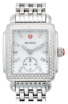 A total of 126 diamonds illuminates this elegant watch featuring a mother-of-pearl dial and high-shine square case housing accurate Swiss-quartz movement. The polished seven-link bracelet is interchangeable with any 16mm MICHELE strap—sold separately—to match any occasion or mood. 29mm case; 16mm band width Butterfly clasp closure Adjustable bracelet; links can be removed at your local Nordstrom. Find a store Swiss quartz movement Sapphire crystal face Total diamond weight: 0.57ct. Color: G—H Cl Elegant Watch, Diamond Guide, Fabric Gift Bags, Square Watch, Diamond Watch, Sam Edelman Shoes, Adjustable Bracelet, Print Gifts, Quartz Movement