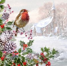 a bird sitting on top of a tree branch in front of a snowy scene with holly