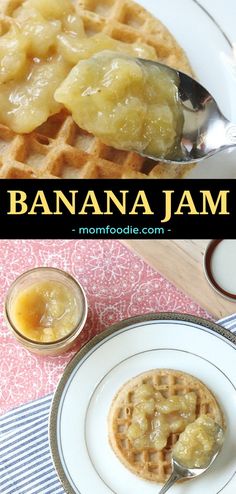 banana jam on top of waffles with syrup in the middle and spoon next to it