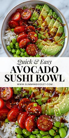 avocado sushi bowl with rice and tomatoes