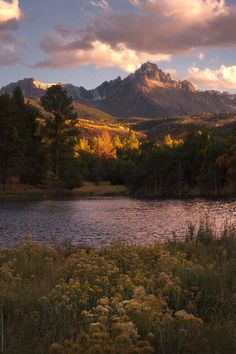 a lake surrounded by mountains under a cloudy sky with trees and flowers in the foreground